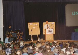 Dean Kamen and Woodie Flowers with the control system at kickoff [8]