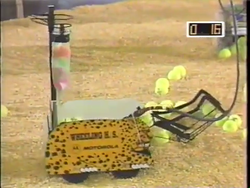 Team 111's robot with a front scoop and a basket that extended up the PVC poles to collect the colored balls from below [7]